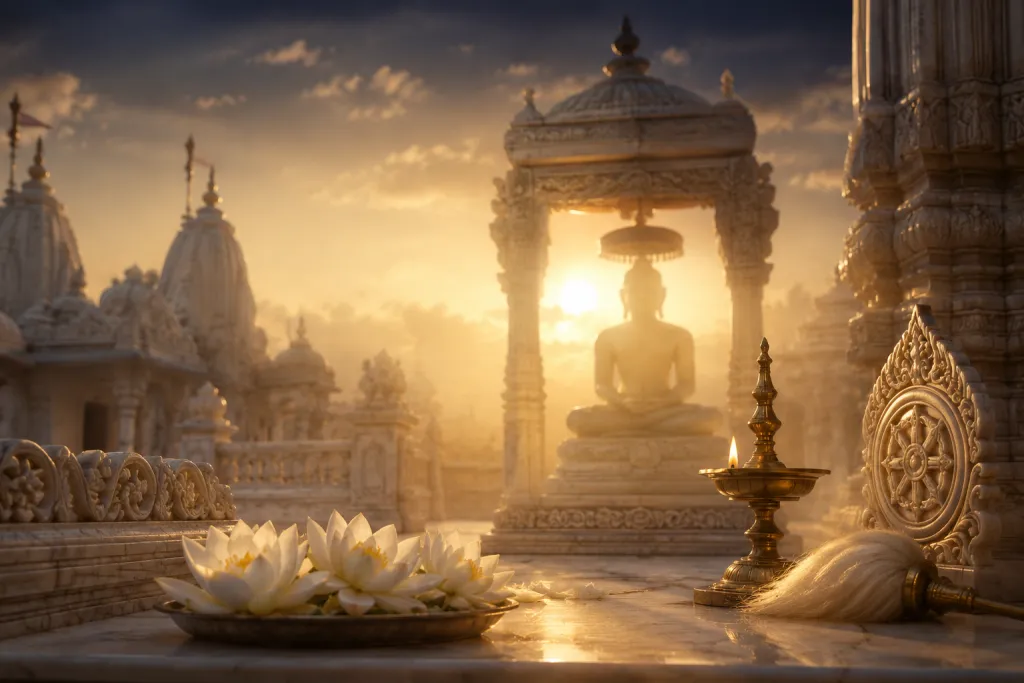 A serene Jain temple and lamp at dawn for Mahavir Jayanti