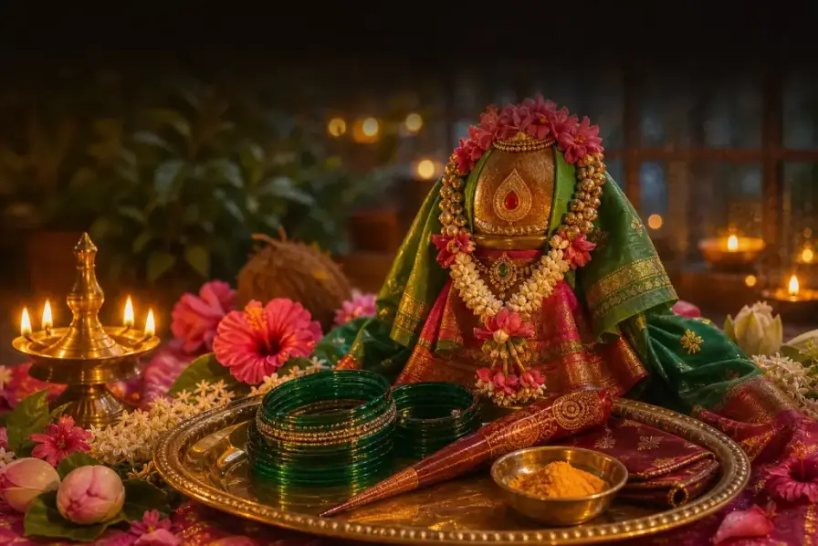 An aniconic Gauri shrine with shringar, bangles and henna for Mangala Gauri Vrat