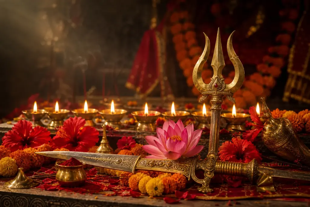 Durga's trishul, sword and lamps for Masik Durgashtami