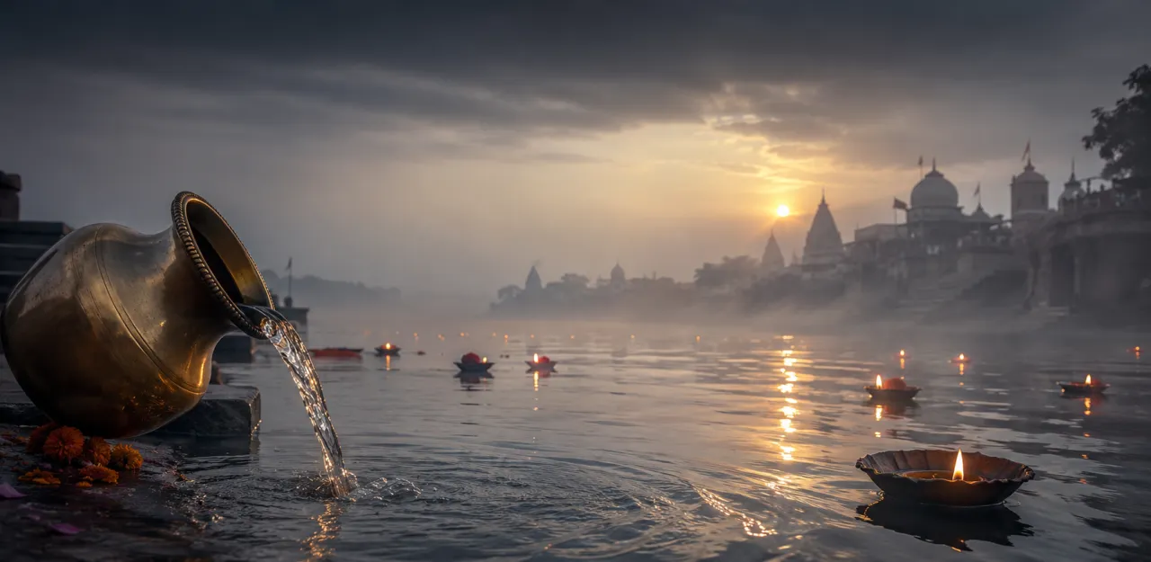 A misty river confluence with floating lamps at dawn for Mauni Amavasya