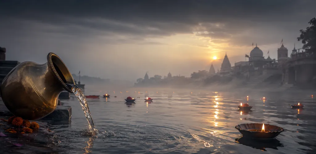 A misty river confluence with floating lamps at dawn for Mauni Amavasya