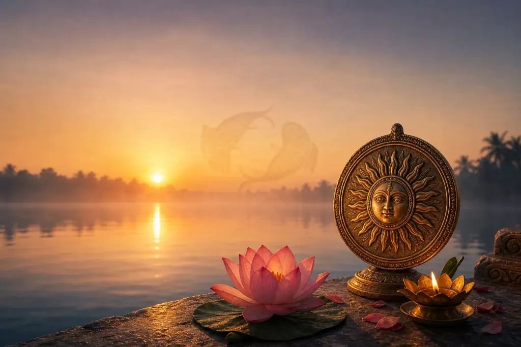 A calm sunrise with a faint twin-fish motif for Meena Sankranti