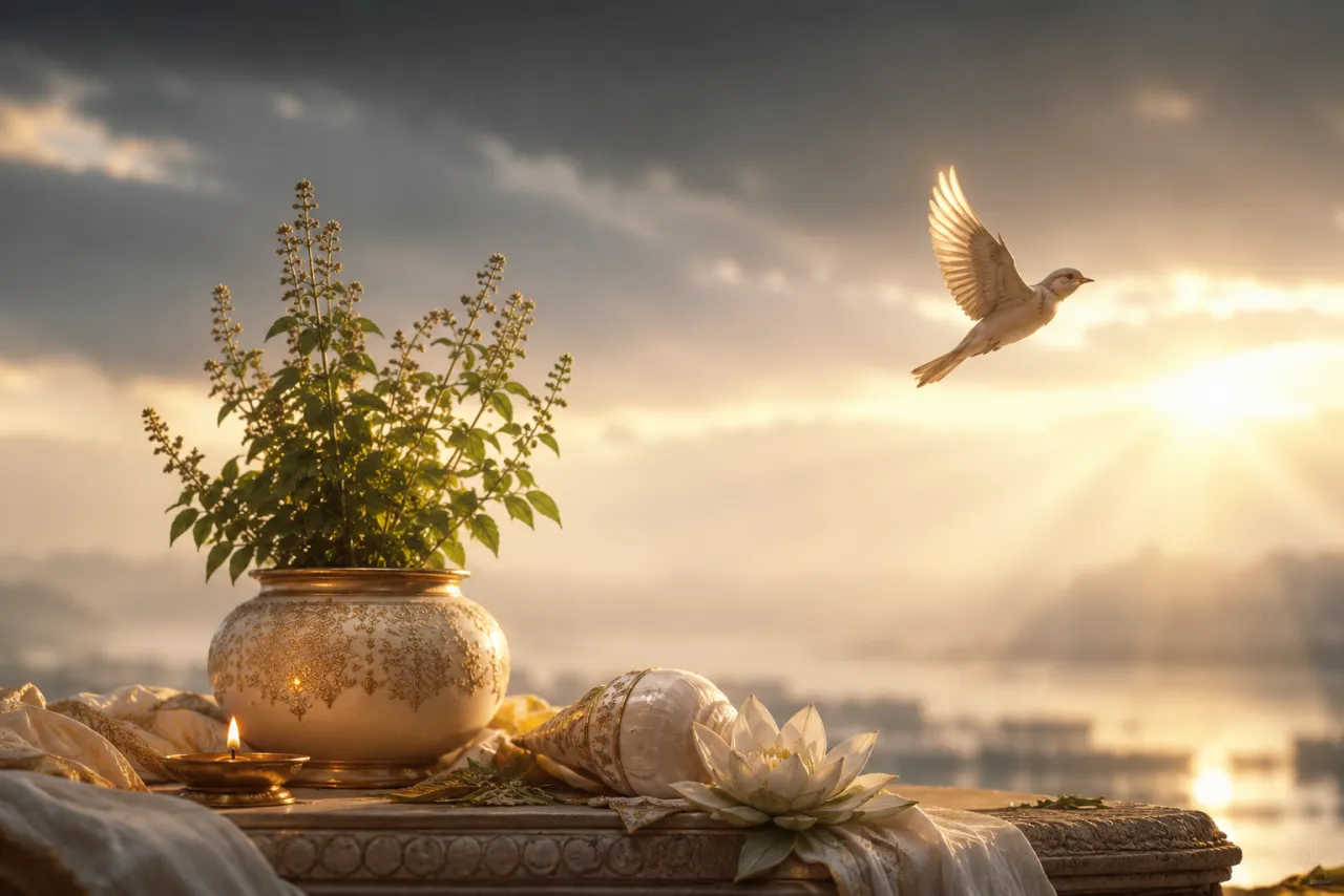 A tulsi, a lamp and a freed bird at dawn for Mokshada Ekadashi