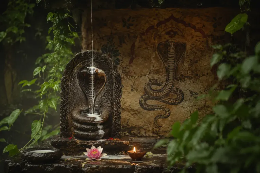 A stone naga shrine with a milk offering and cobra mural for Nag Pancham (Gujarat)
