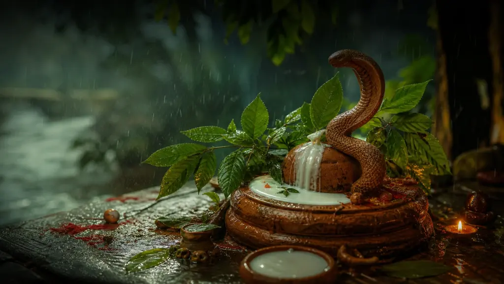 A Manasa serpent shrine with a milk offering for Nag Panchami (Bengali)