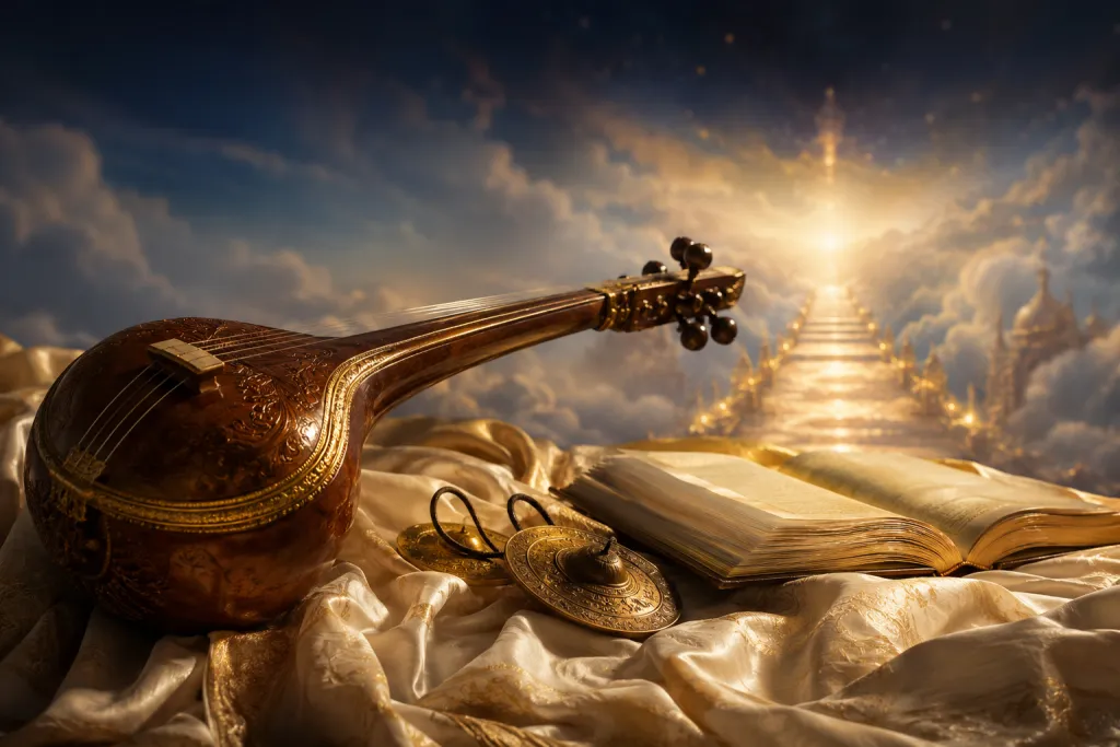 A veena and open scripture before a stairway of light for Narada Jayanti