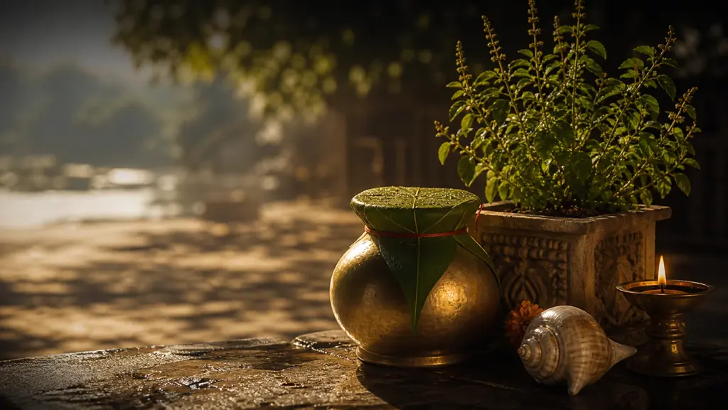 An untouched covered water pot and tulsi in midday heat for Nirjala Ekadashi