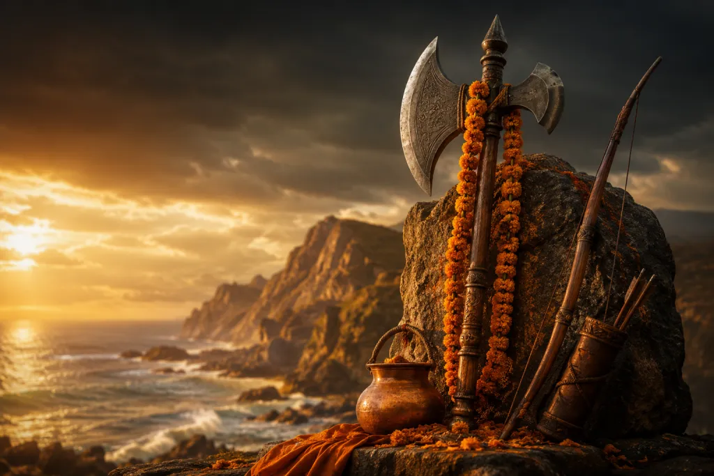 An axe and quiver on a coastal cliff at dusk for Parashurama Jayanti