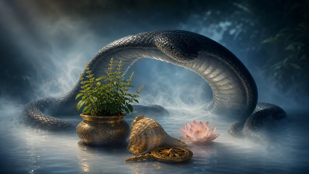 A serpent canopy over milky water with conch and tulsi for Parsva Ekadashi