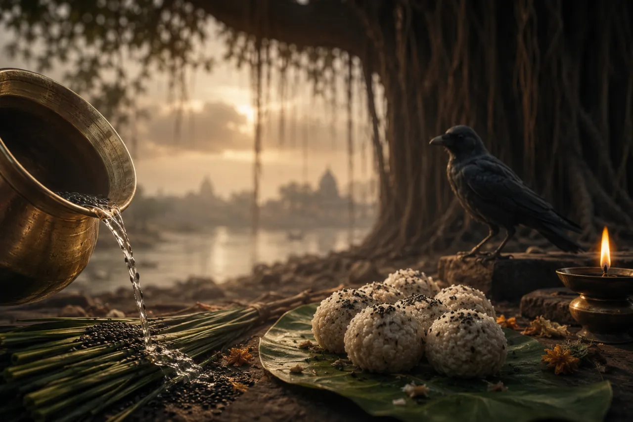 A water-and-sesame tarpan offering with rice pinda and a crow for Pitru Paksha