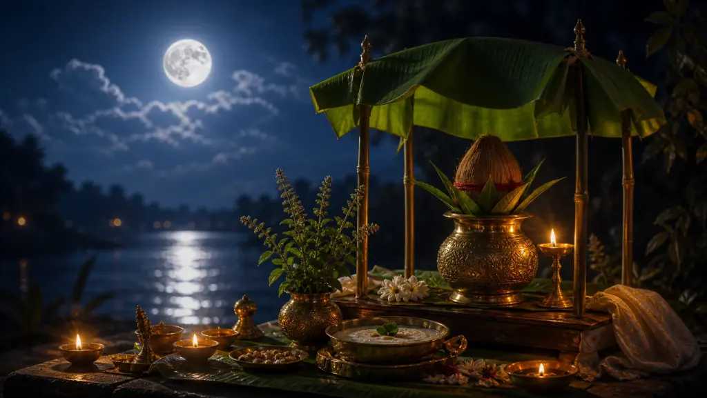 A full moon over a Satyanarayan kalash and lamps for Purnima Vrat