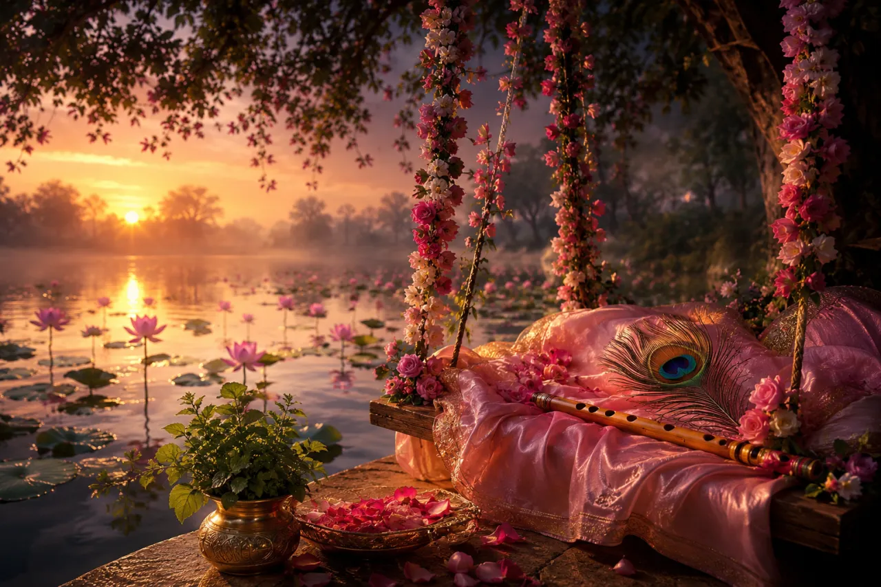 A flower swing, flute and peacock feather by a lotus pond at dawn for Radha Ashtami