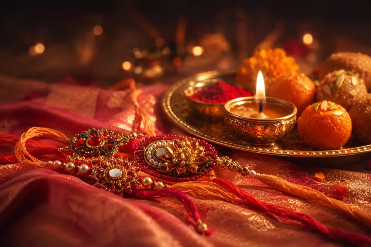 Ornate rakhi threads and a decorated puja thali for Raksha Bandhan