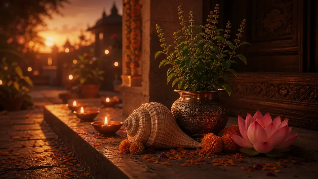 A tulsi and early Diwali lamps at dusk for Rama Ekadashi