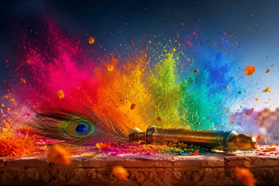 Bursts of vivid colour powder with a flute and peacock feather for Rang Panchami