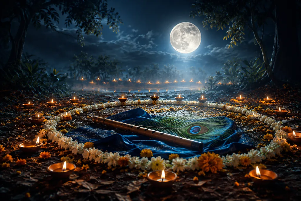 A full moon above a ring of glowing diyas for Rash Purnima