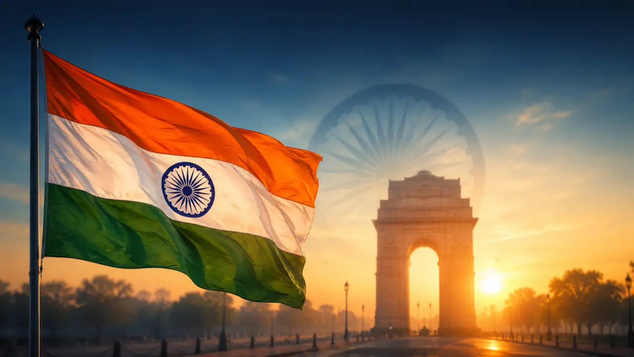 The Indian tricolour flag waving with India Gate behind it for Republic Day