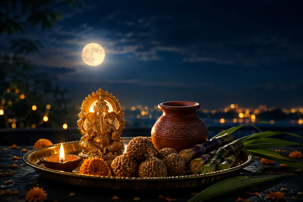 A moonlit plate of sesame-jaggery sweets and a pot for Sakat Chauth