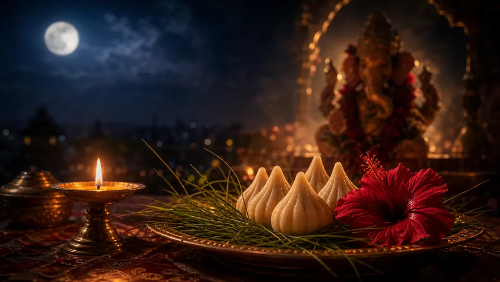 A moonrise over modak and durva before a back-lit Ganesha for Sankashti Chaturthi