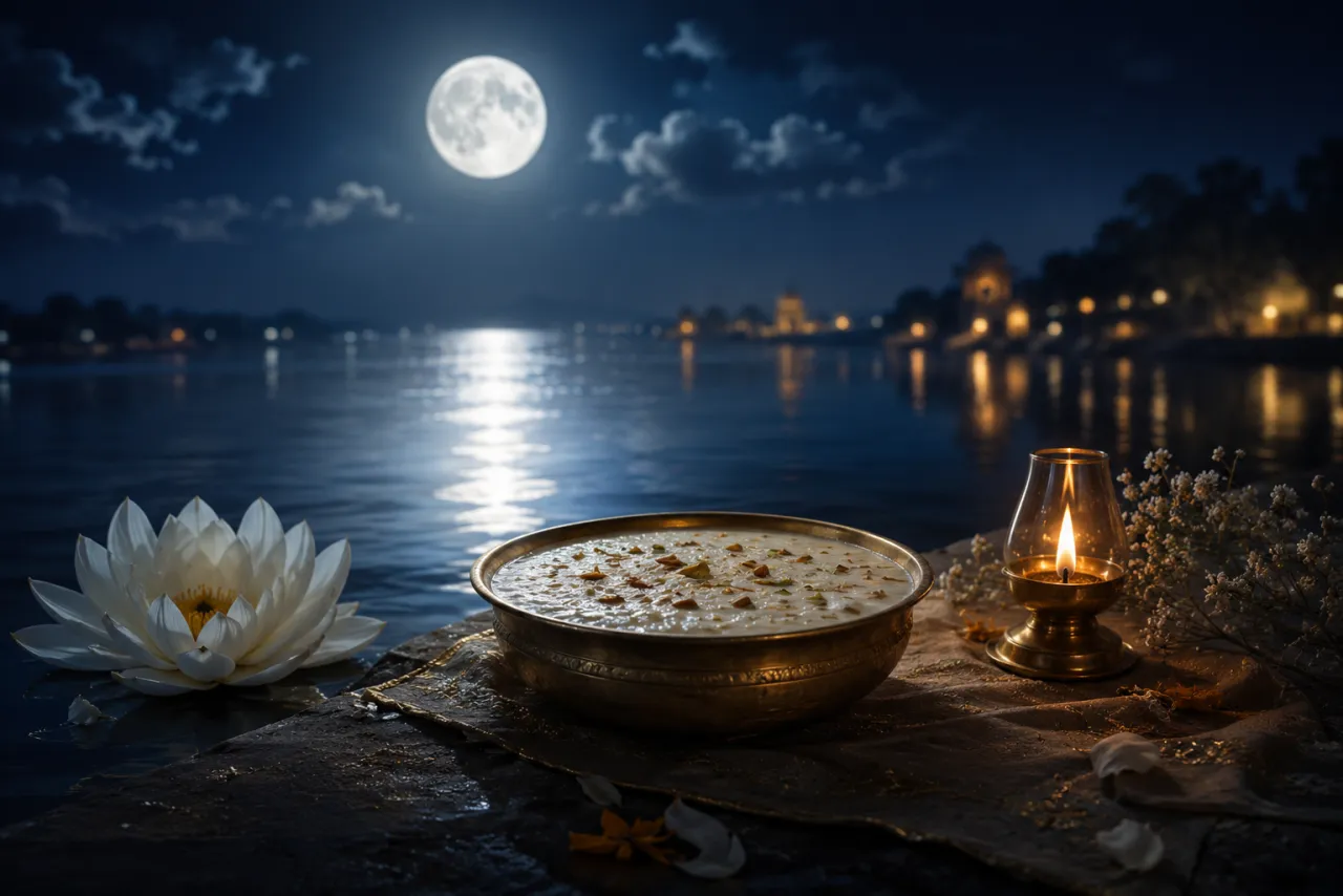 A bowl of kheer in the moonlight on the brightest full moon for Sharad Purnima