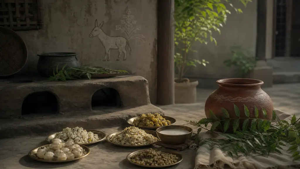 An unlit hearth, cold basoda food and neem for Shitala Satam