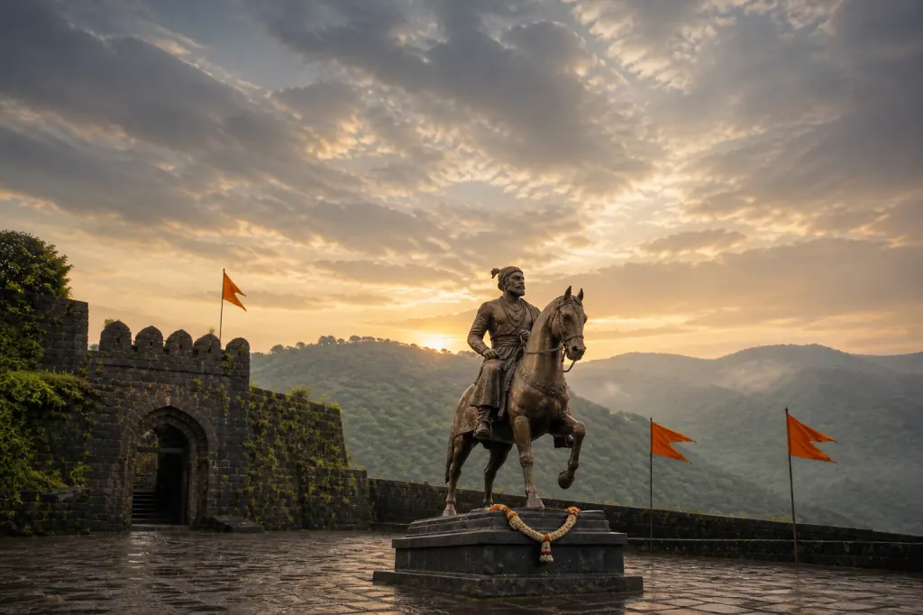 An equestrian statue of Chhatrapati Shivaji Maharaj with saffron flags and a Sahyadri fort