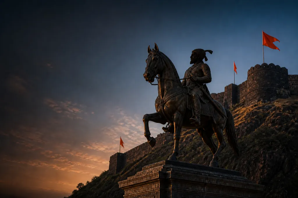 An equestrian statue of Chhatrapati Shivaji Maharaj with saffron flags