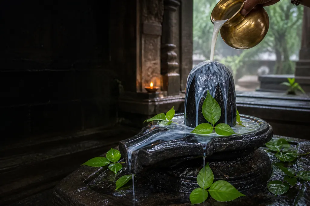 Milk abhishek over a Shiva lingam with bilva leaves on Shravan Somvar