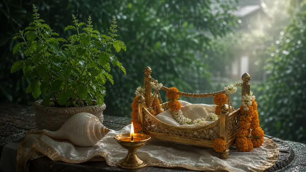 श्रावण पुत्रदा एकादशी के लिए मानसूनी हरियाली में तुलसी और पालना