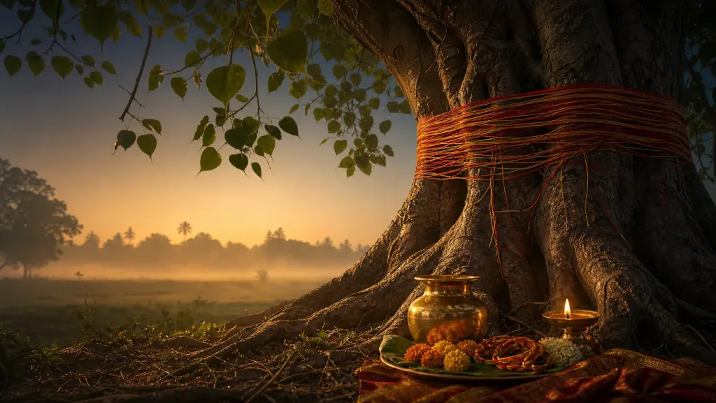 A thread-wound pipal tree and lamp at a moonless dawn for Somvati Amavasya