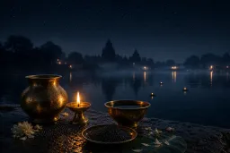 A single lamp and tarpan lota on a moonless river night for Amavasya