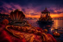 The fourteen-knot anant sutra thread and a dusk immersion scene for Anant Chaturdashi