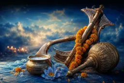 Balarama's plough and mace with a marigold garland for Balarama Jayanti