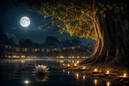 A Bodhi tree, lotus and butter lamps under a full moon for Buddha Purnima