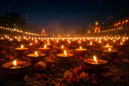 Rows of lit clay diyas and rangoli on a threshold at dusk