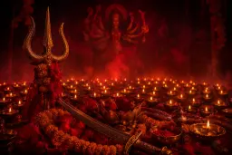 Durga's weapons before the sandhi-puja lamps for Durga Ashtami