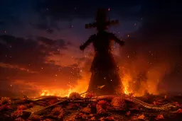 An effigy silhouette and rising sparks at dusk on Dussehra