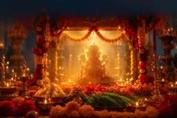 A decorated Ganesh Chaturthi mandap with marigolds, lamps and modak sweets