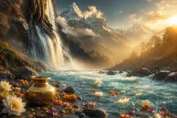 The Ganga cascading from the Himalayas with floating flowers for Ganga Dussehra