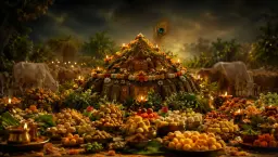 A decorated Govardhan hill and annakut food mountain for Govardhan Puja