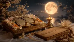 The guru's padukas, an open scripture and a lamp under a full moon for Guru Purnima