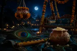 A peacock feather, flute and butter pot for Krishna Janmashtami