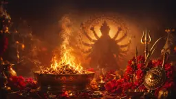 A navami homa fire with Durga's weapons for Maha Navami
