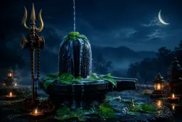 A Shiva lingam adorned with bilva leaves under a crescent moon on Maha Shivaratri