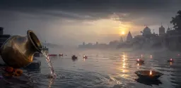 A misty river confluence with floating lamps at dawn for Mauni Amavasya