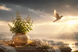 A tulsi, a lamp and a freed bird at dawn for Mokshada Ekadashi