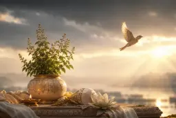 A tulsi, a lamp and a freed bird at dawn for Mokshada Ekadashi