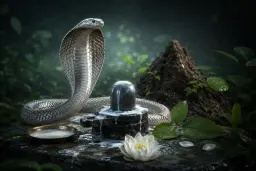 A silver cobra over a Shiva lingam with milk and lotus for Nag Panchami