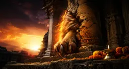 A lion's form bursting from a temple pillar at twilight for Narasimha Jayanti