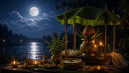 A full moon over a Satyanarayan kalash and lamps for Purnima Vrat